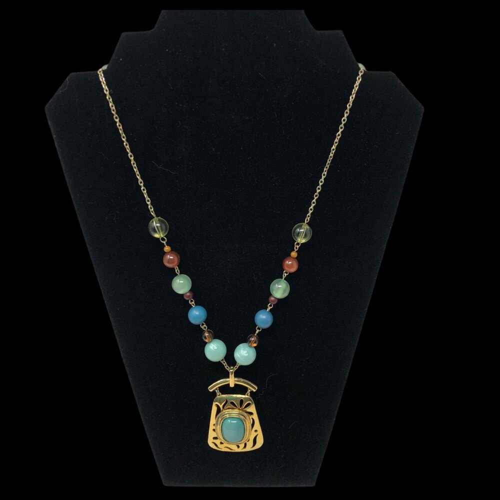 Gold‎ Tone Necklace Trapezoid Pendant Teal Blue Peach Beaded  22 in